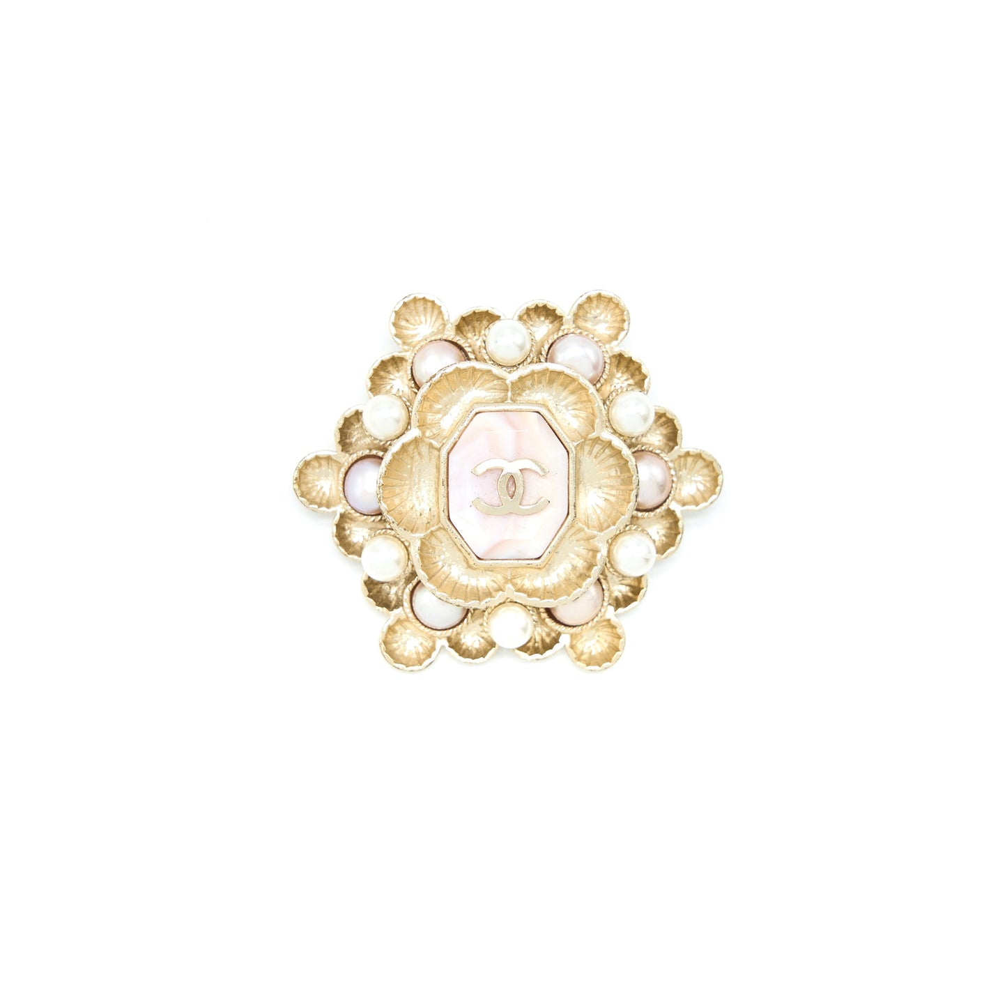 Chanel Camellia/Pearl/CC Logo Brooch Light Gold Tone