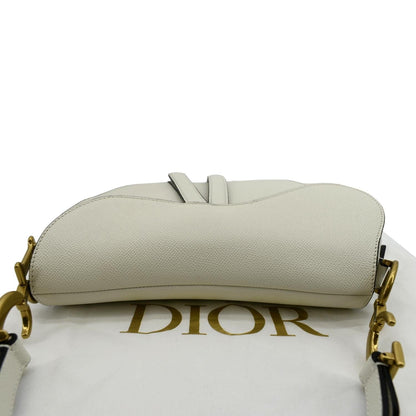 CHRISTIAN DIOR Saddle Grained Calfskin Leather Shoulder Bag Ivory