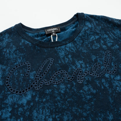 Chanel Size 42/44 20S Signature Logo with Crystal CC Logo Plaque T-shirt Cotton Navy Blue
