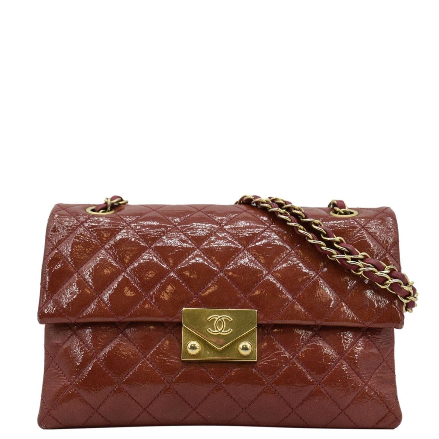 CHANEL 3 Pocket Accordion Flap Small Patent Leather Shoulder Bag Red