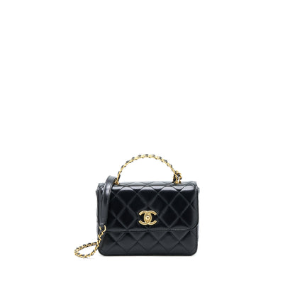 Chanel 23p Flap Bag with Top Handle Shiny Calfskin Black GHW (Microchip)