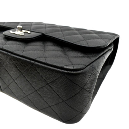 CHANEL Classic Jumbo Double Flap Quilted Caviar Leather Shoulder Bag Black