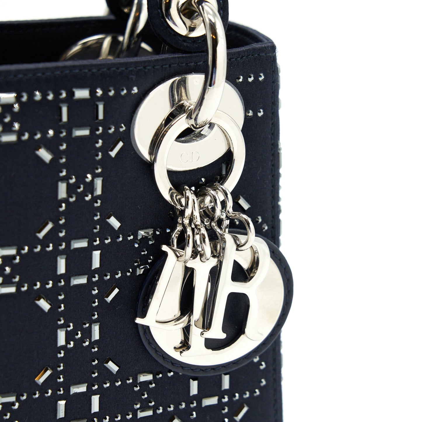 CHRISTIAN DIOR Satin Crystal Cannage Mini Lady Dior in Navy
