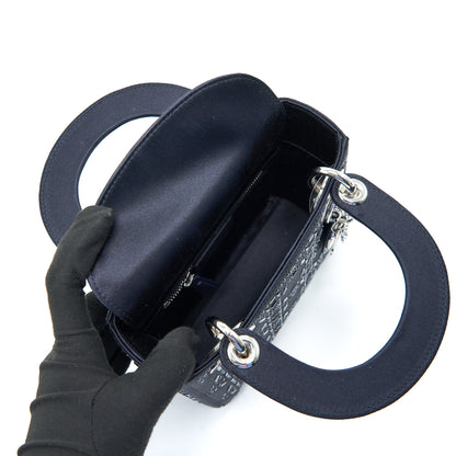 CHRISTIAN DIOR Satin Crystal Cannage Mini Lady Dior in Navy