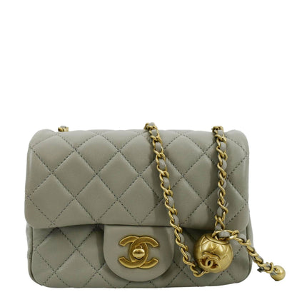 CHANEL CC Pearl Crush Mini Flap Quilted Lambskin Leather Shoulder Bag Light Grey