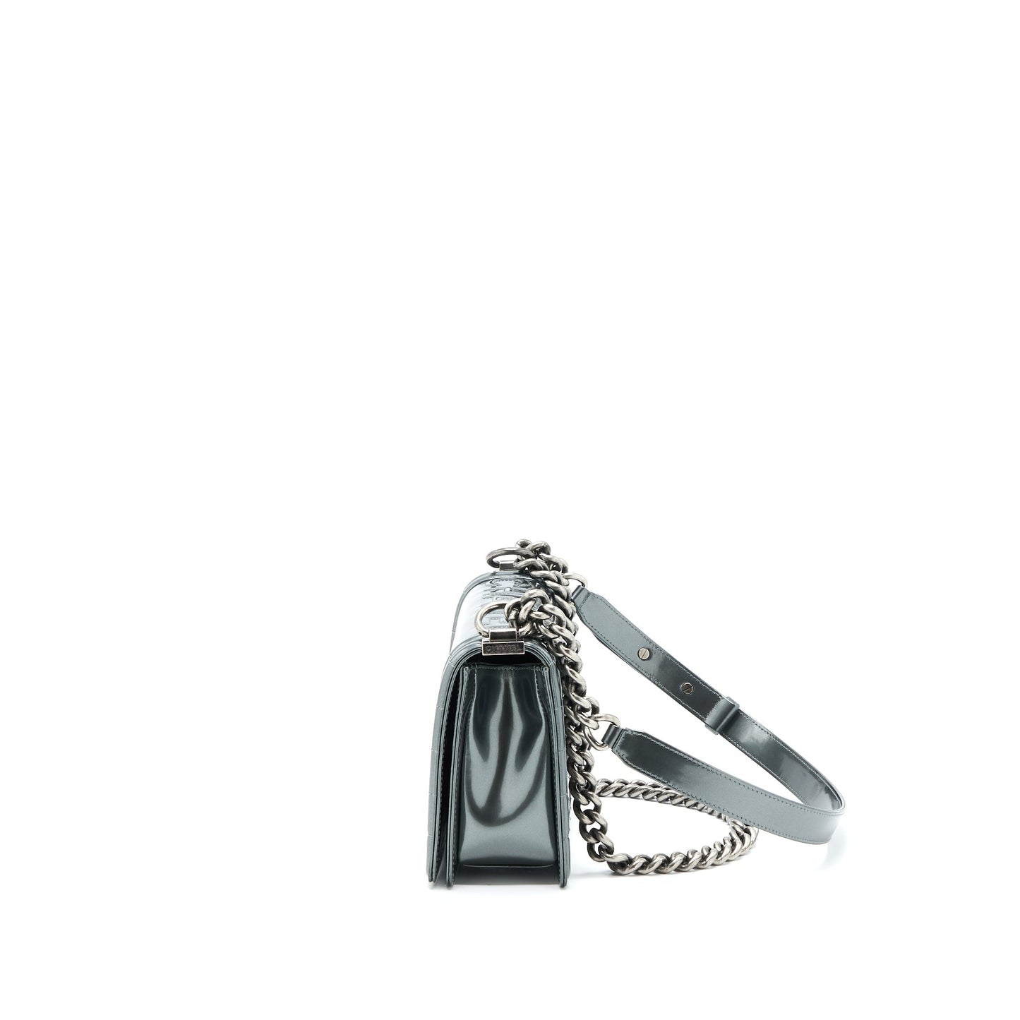 Chanel Medium Boy Bag Patent Grey Ruthenium SHW