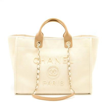 Chanel Deauville Tote Bag Fabric/Leather Creamy White/Beige GHW