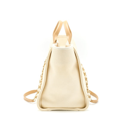 Chanel Deauville Tote Bag Fabric/Leather Creamy White/Beige GHW