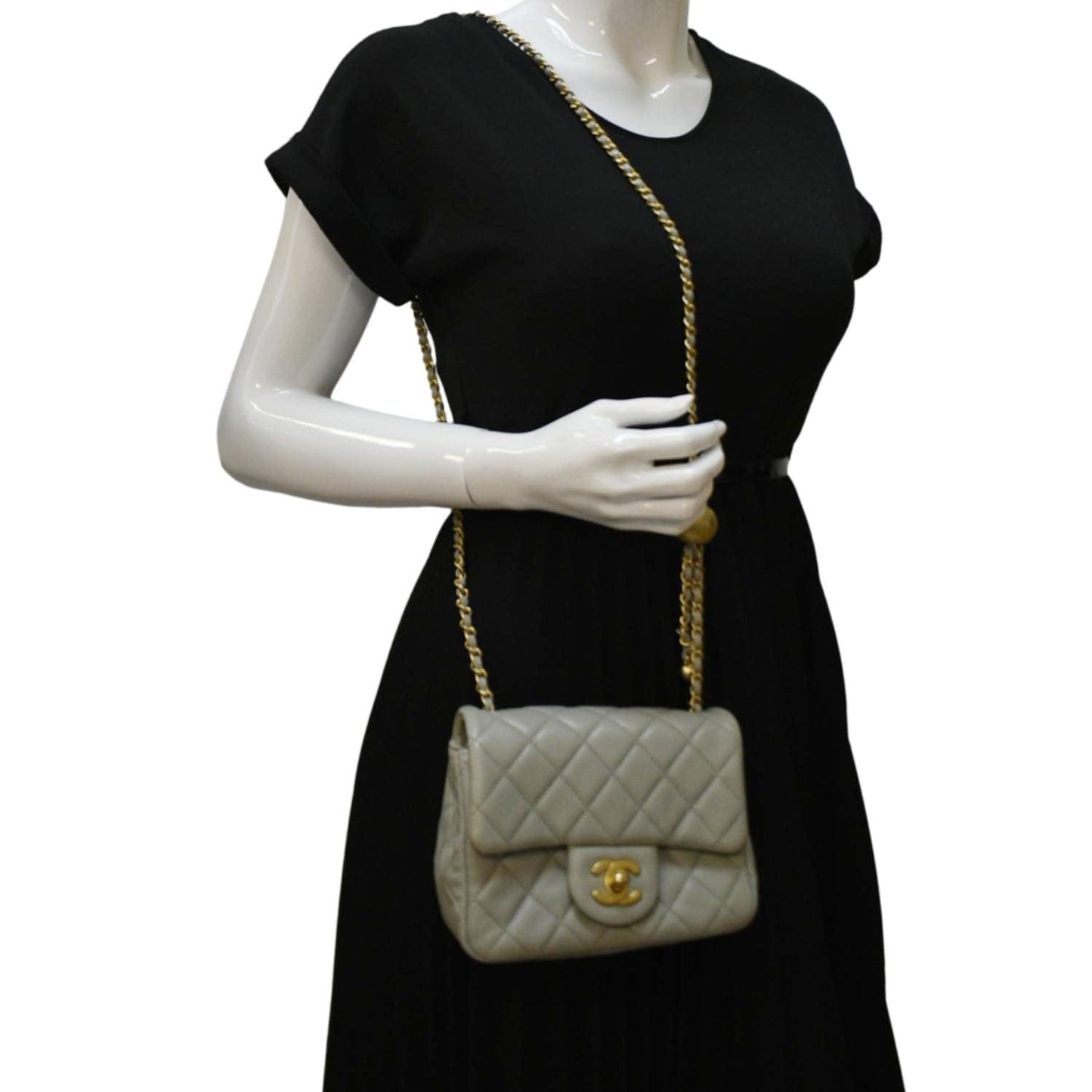 CHANEL CC Pearl Crush Mini Flap Quilted Lambskin Leather Shoulder Bag Light Grey