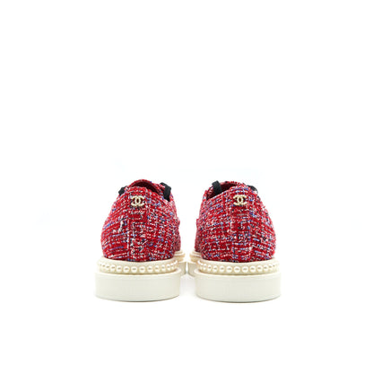 Chanel Size 36.5 Tweed Lace-Up Pearl Flats Red