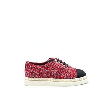 Chanel Size 36.5 Tweed Lace-Up Pearl Flats Red