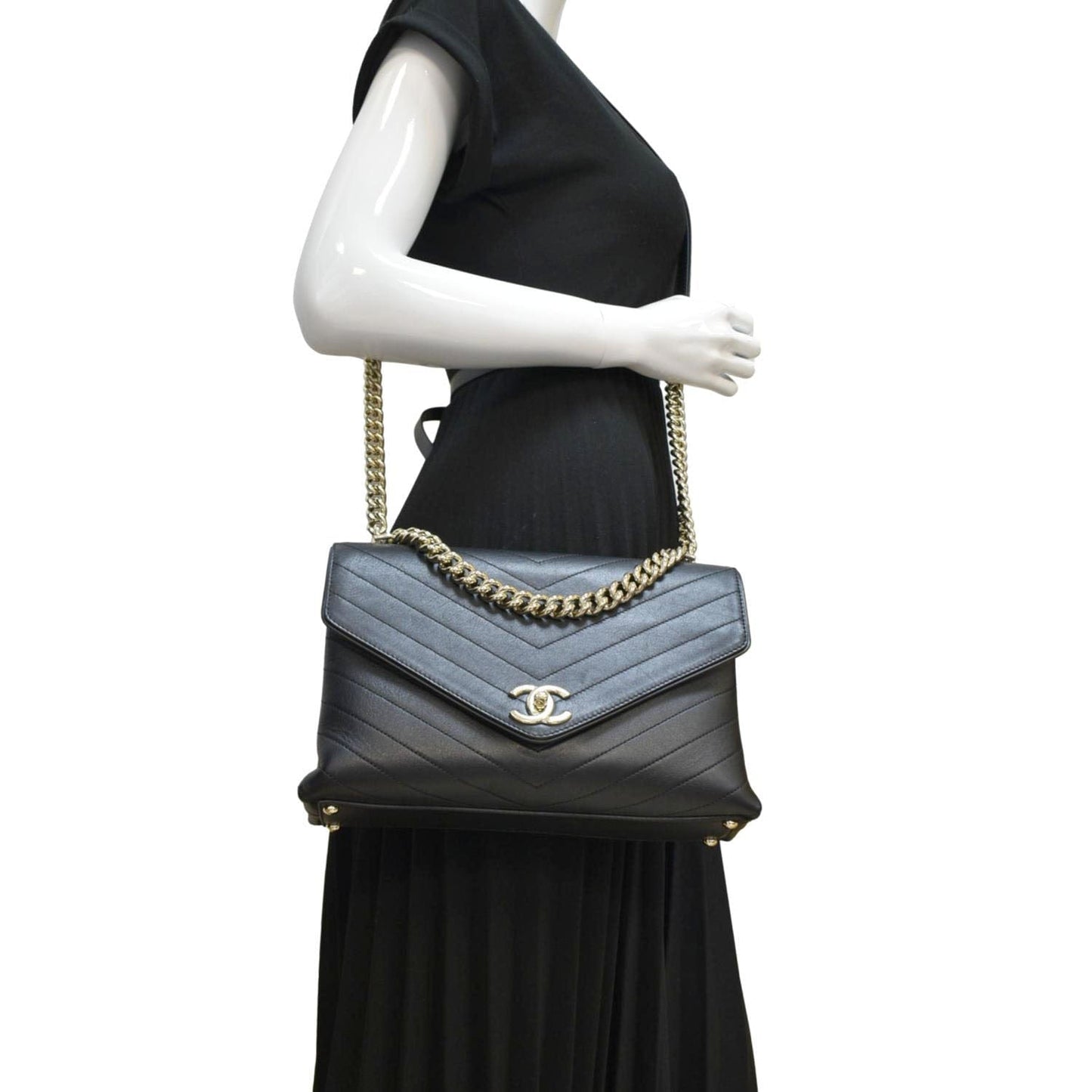CHANEL Coco Flap Chevron  Stitched Leather Shoulder Bag Black