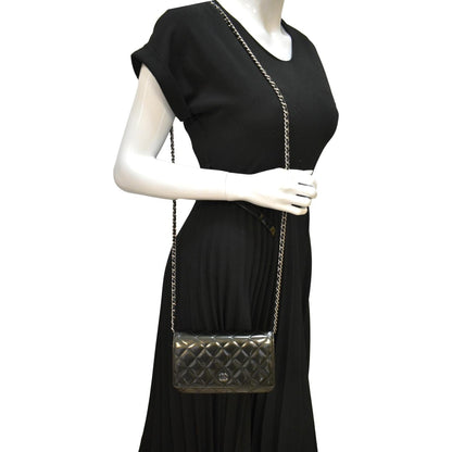 CHANEL Wallet on Chain Patent Leather Shoulder Bag Olive Green