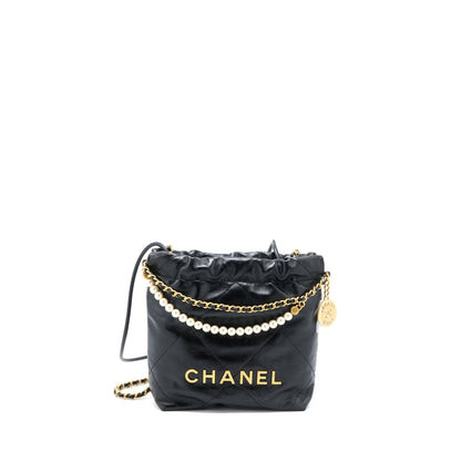 Chanel 23S Mini 22 Bag with Pearl Shiny Calfskin Black GHW (Microchip)