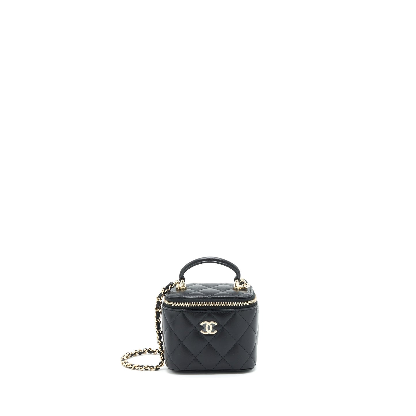 Chanel 22P Top Handle Mini Vanity With Chain And Mirror Lambskin Black LGHW