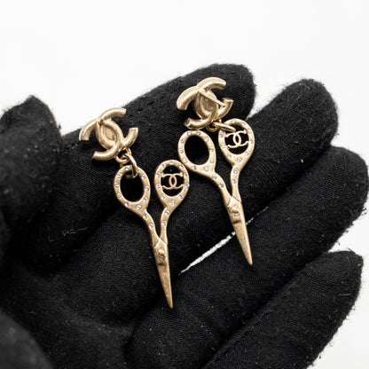 Chanel Scissors Drop CC Earrings Crystal Light Gold Tone