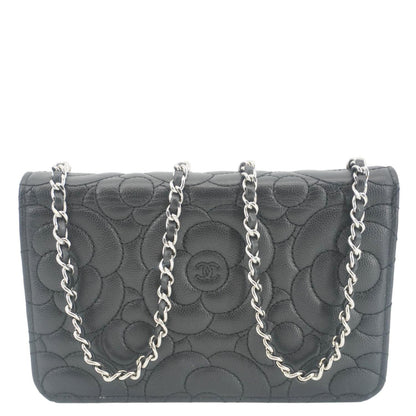 CHANEL Camellia Caviar Leather Wallet on Chain Shoulder Bag Black
