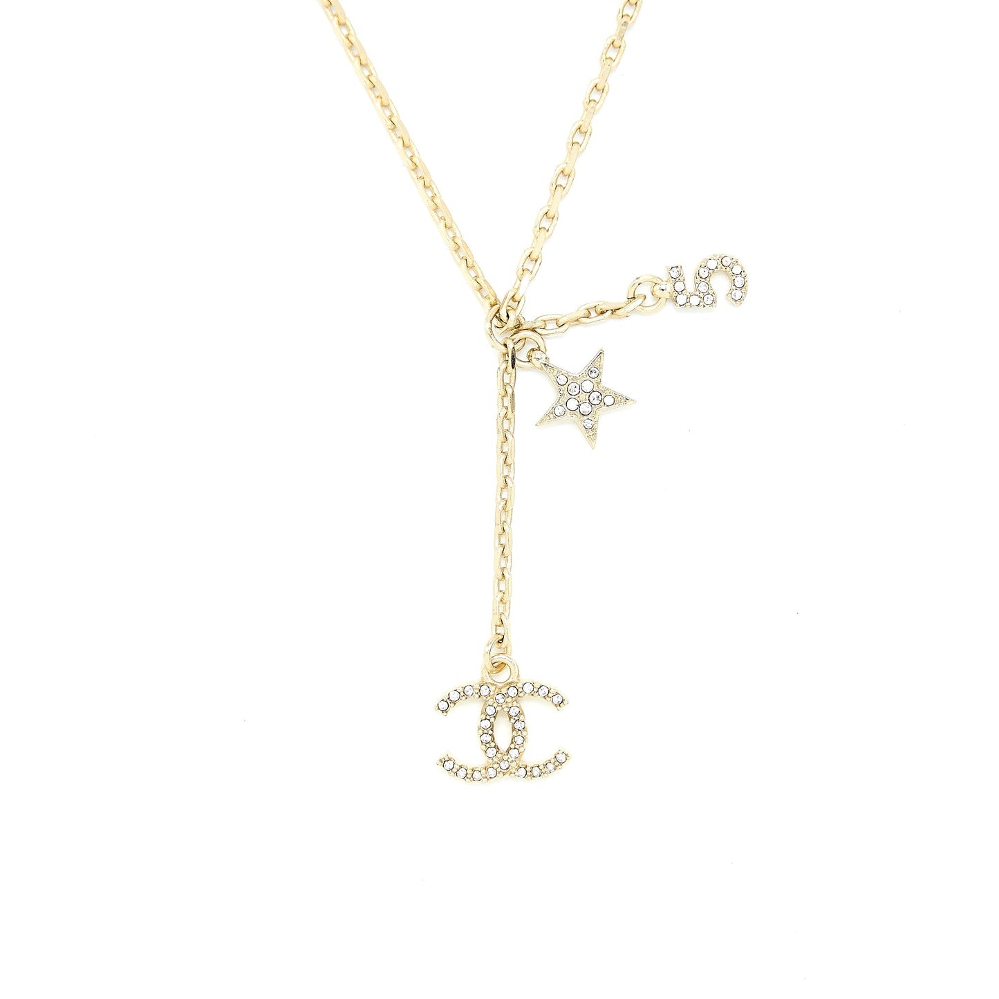 Chanel No.5/CC Logo/Star Necklace Light Gold Tone