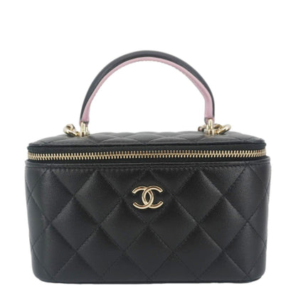 CHANEL Vanity Case Quilted Leather Top Handle Crossbody Bag Black