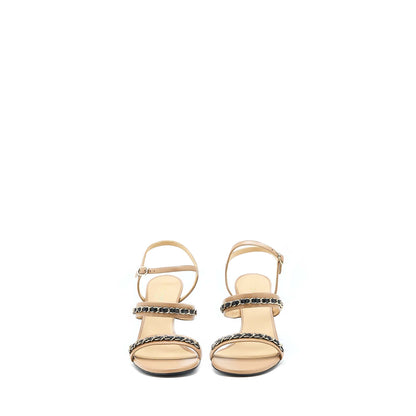 Chanel Size 38 Leather Chains Heel Sandals Lambskin Beige/Black LGHW