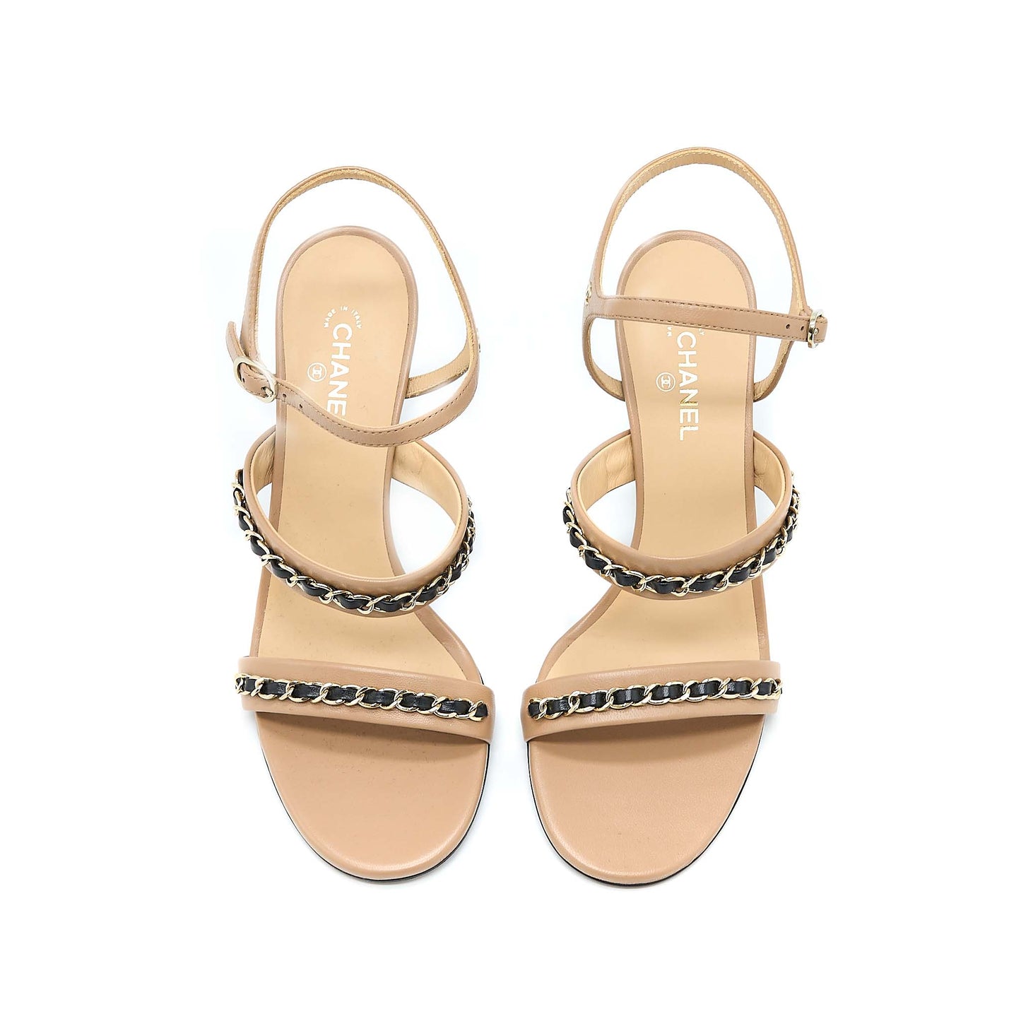 Chanel Size 38 Leather Chains Heel Sandals Lambskin Beige/Black LGHW