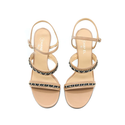 Chanel Size 38 Leather Chains Heel Sandals Lambskin Beige/Black LGHW