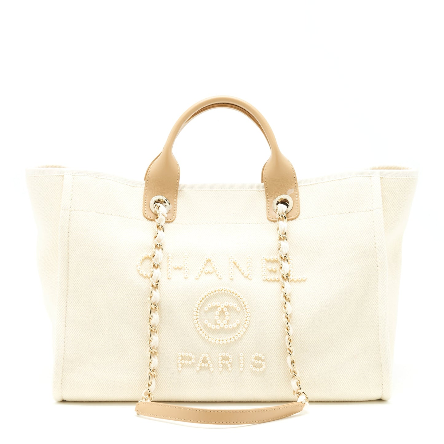 Chanel Deauville Tote Bag Canvas Light Beige LGHW