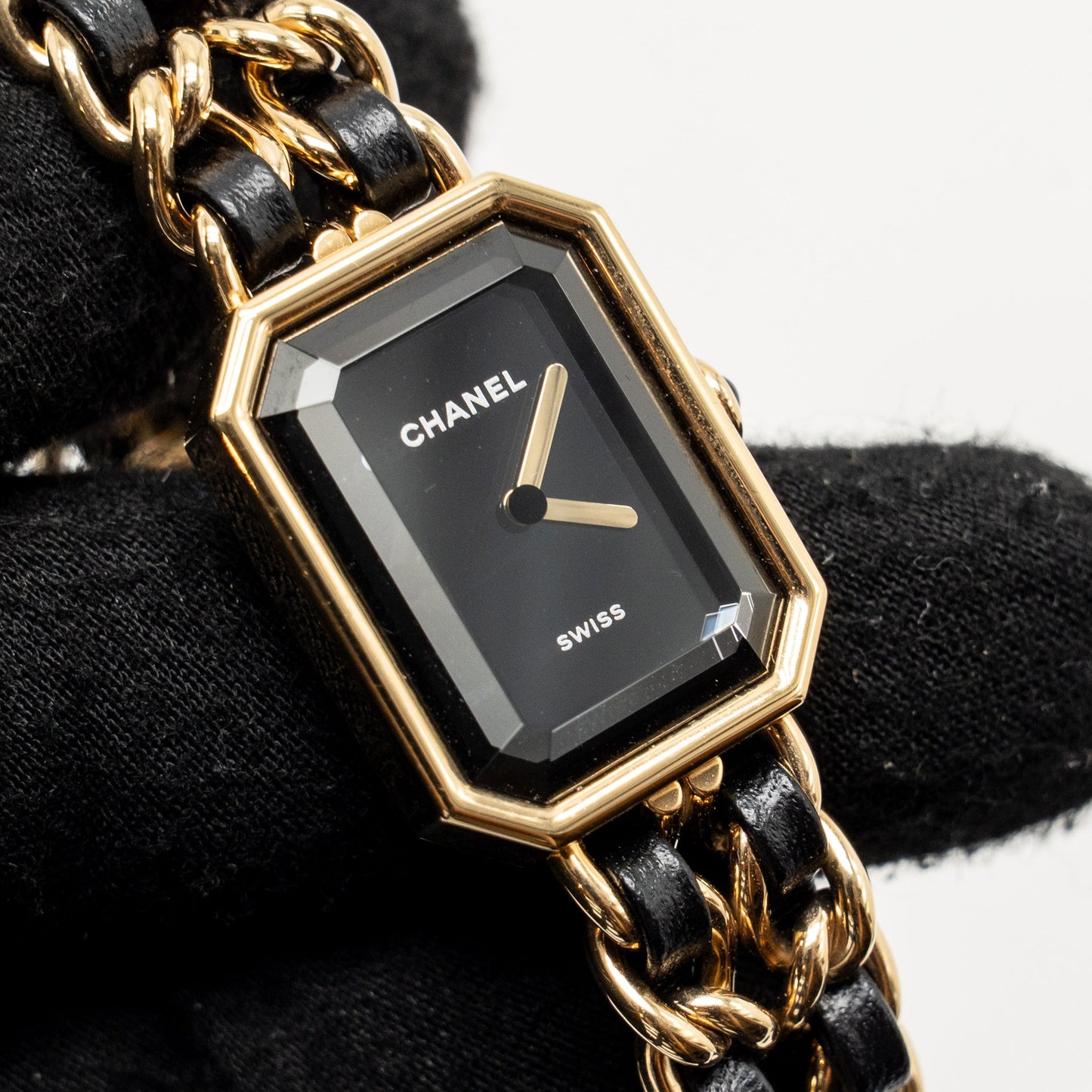 Chanel Premiere Edition Originale Watch Steel Coated with Yellow Gold, Black Leather, Black-Lacquered Dial