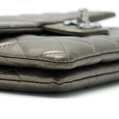 Chanel Flap And Zippy Mini Pouch With Chain Lambskin Metallic Brownish Grey With Dark Grey Hardware