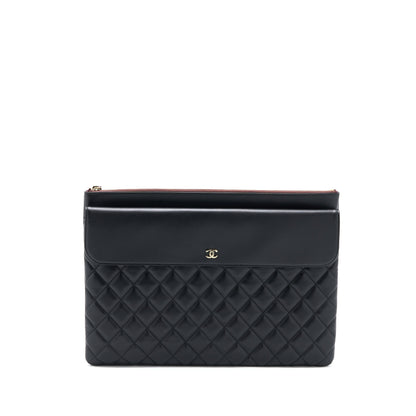 Chanel Quilted Zip and Flap Pouch/Clutch Large Model Lambskin Black LGHW