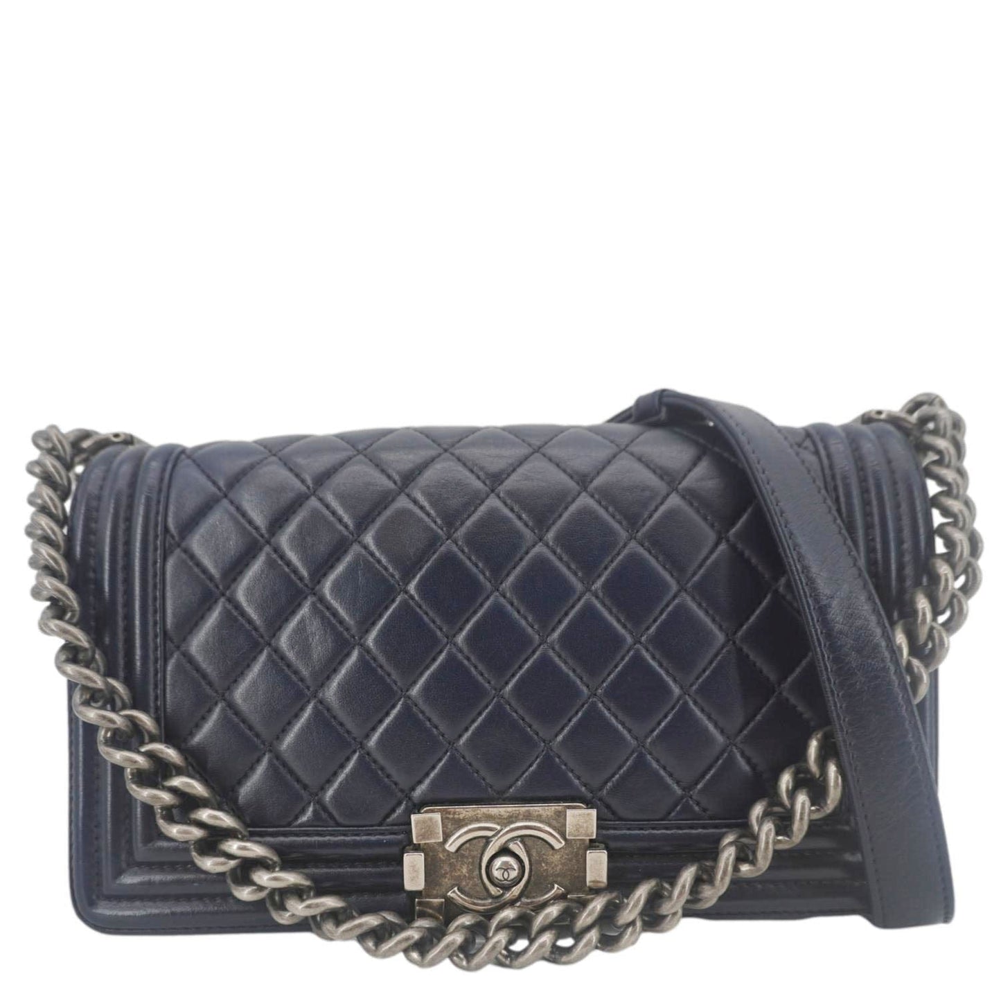 CHANEL Boy Flap Medium Quilted Lambskin Leather Crossbody Bag Navy Blue
