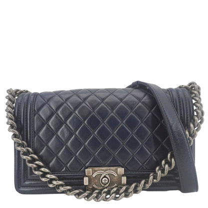 CHANEL Boy Flap Medium Quilted Lambskin Leather Crossbody Bag Navy Blue