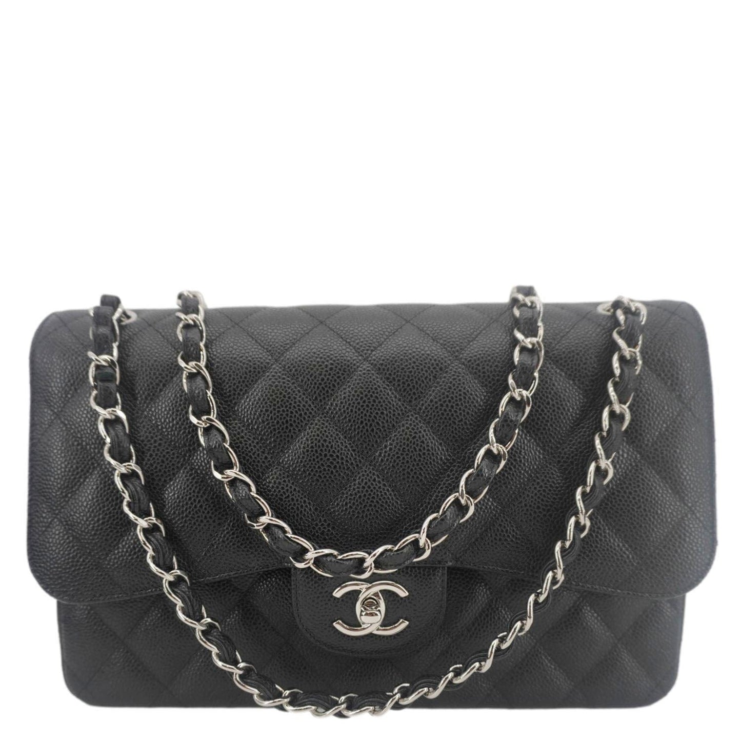 CHANEL Classic Double Flap Jumbo Quilted Caviar Leather Crossbody Bag Black