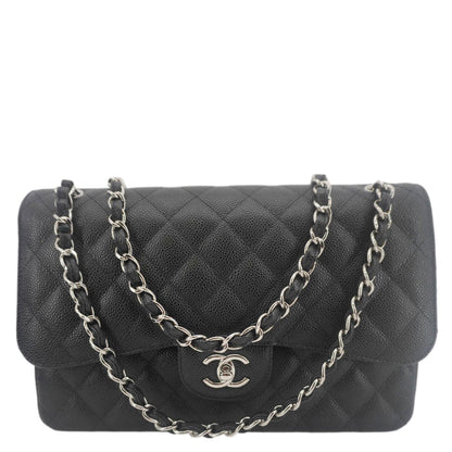 CHANEL Classic Double Flap Jumbo Quilted Caviar Leather Crossbody Bag Black