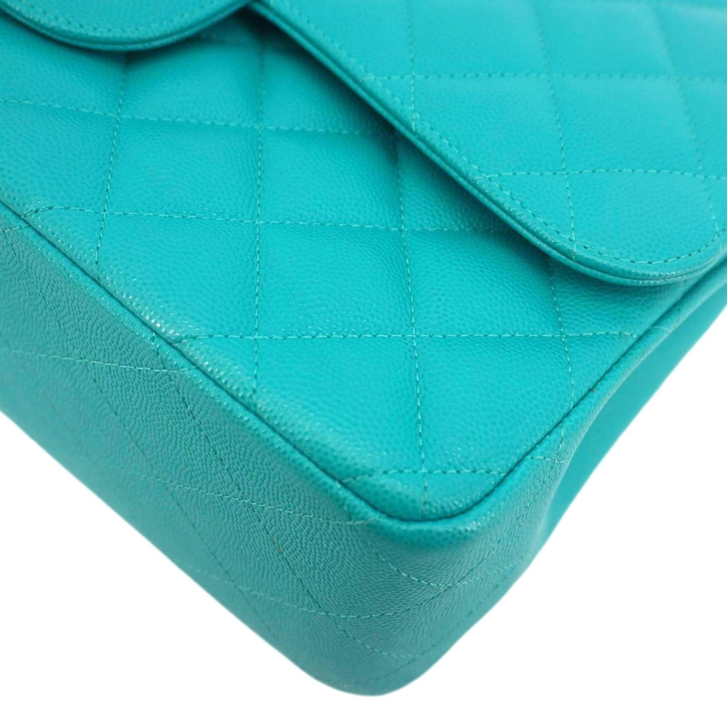 CHANEL Classic Double Flap Jumbo Quilted Caviar Leather Shoulder Bag Turquoise