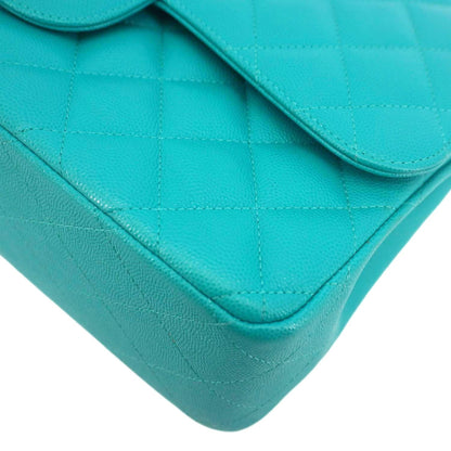 CHANEL Classic Double Flap Jumbo Quilted Caviar Leather Shoulder Bag Turquoise