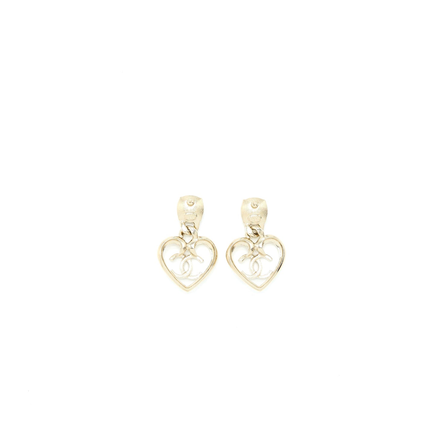 Chanel Logo Heart Drop Earrings Crystal Light Gold Tone