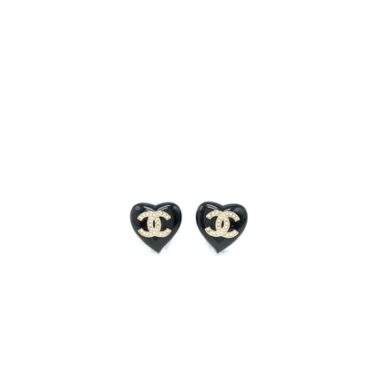 Chanel Heart Shape CC Logo Earrings Crystal Black Light Gold Tone