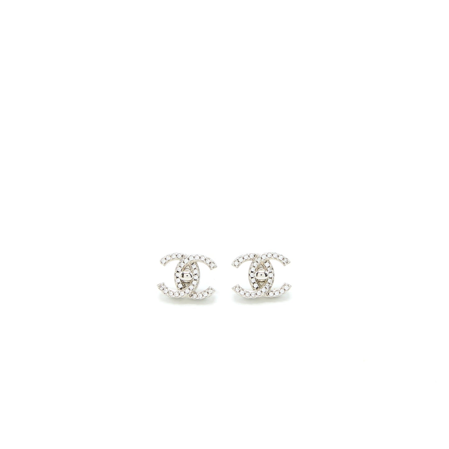 Chanel CC Logo Earrings Crystal Silver Tone