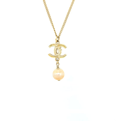 Chanel CC Logo Necklace with Pearl Light Gold Tone