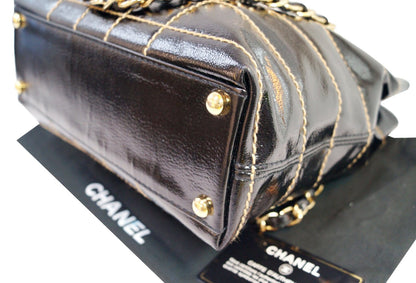 CHANEL Black Square Stitch CC Tote Shoulder Bag