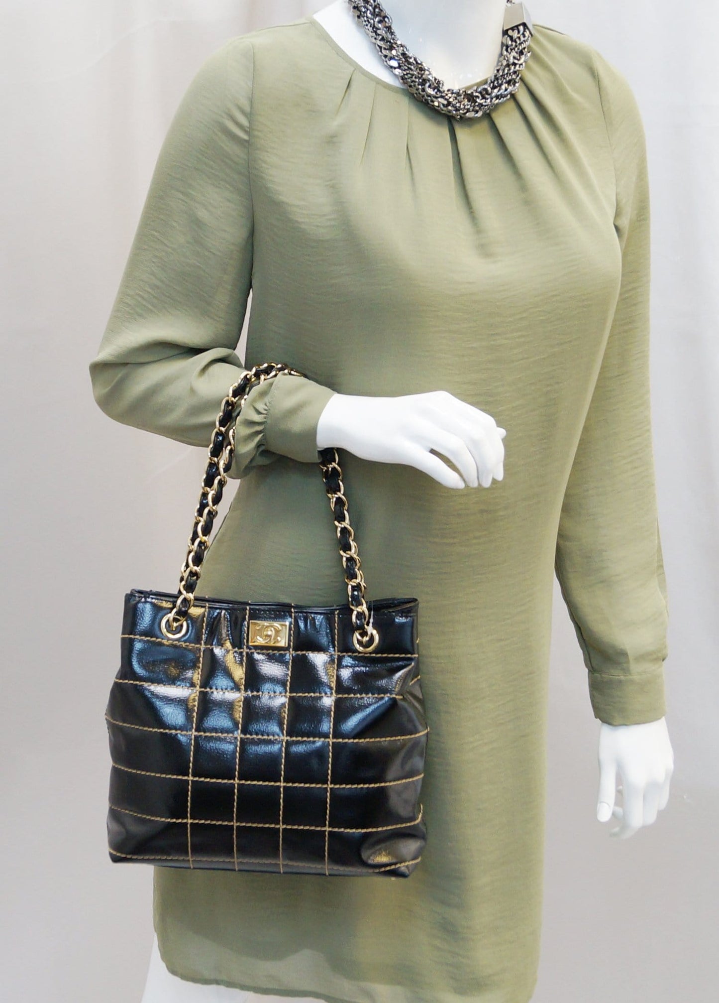 CHANEL Black Square Stitch CC Tote Shoulder Bag