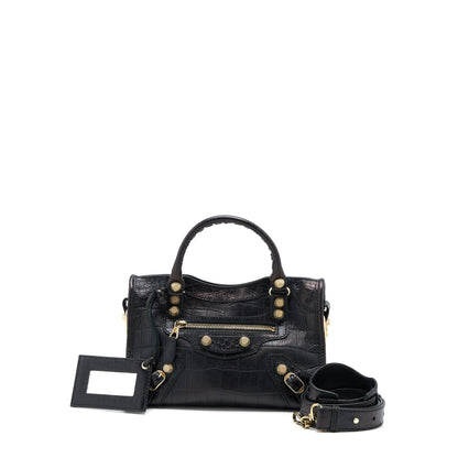 Balenciaga Mini City Crocodile-Embossed Calfskin Black