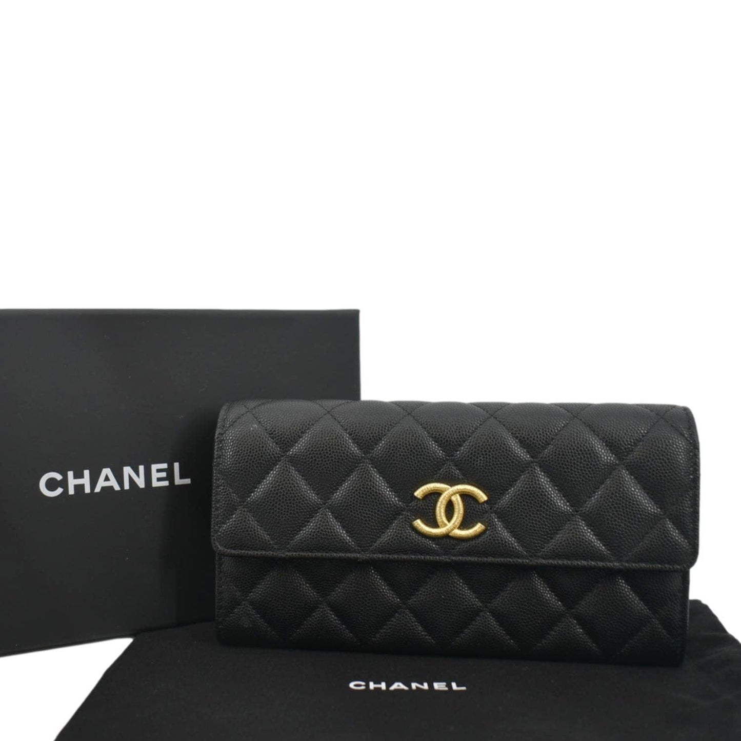 CHANEL Long Flap Quilted Caviar Wallet Black