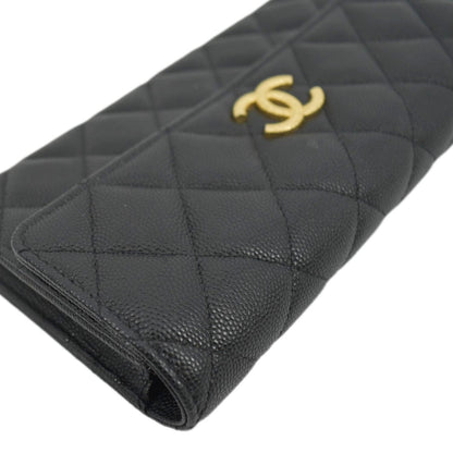 CHANEL Long Flap Quilted Caviar Wallet Black