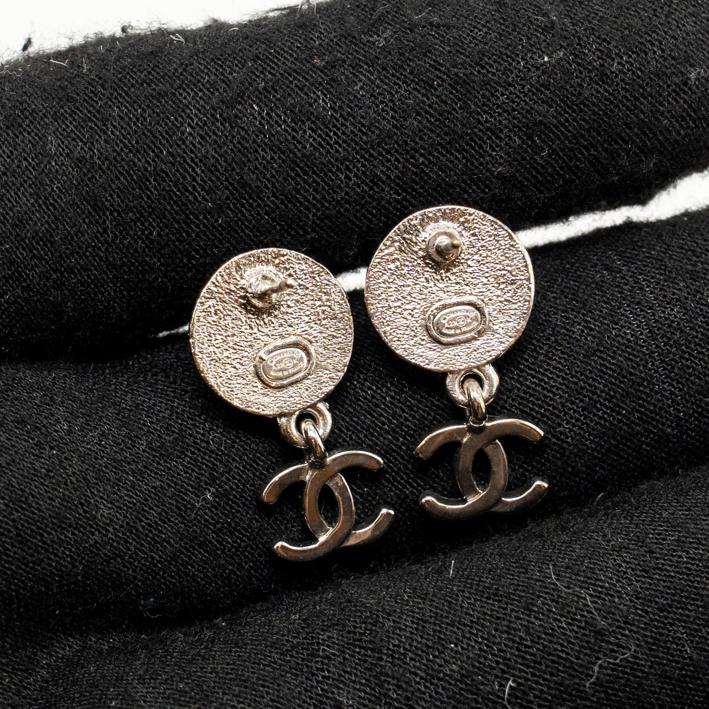 Chanel 23K CC Drop Round Star Earrings Crystal Black Silver Tone