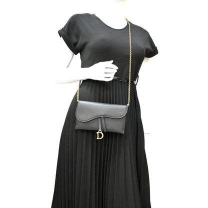 CHRISTIAN DIOR Long Saddle Leather Crossbody Chain Wallet Black