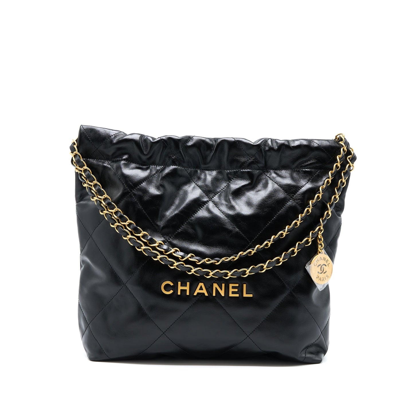 Chanel Small 22 Bag Gold Letter Shiny Calfskin Black GHW (Microchip)