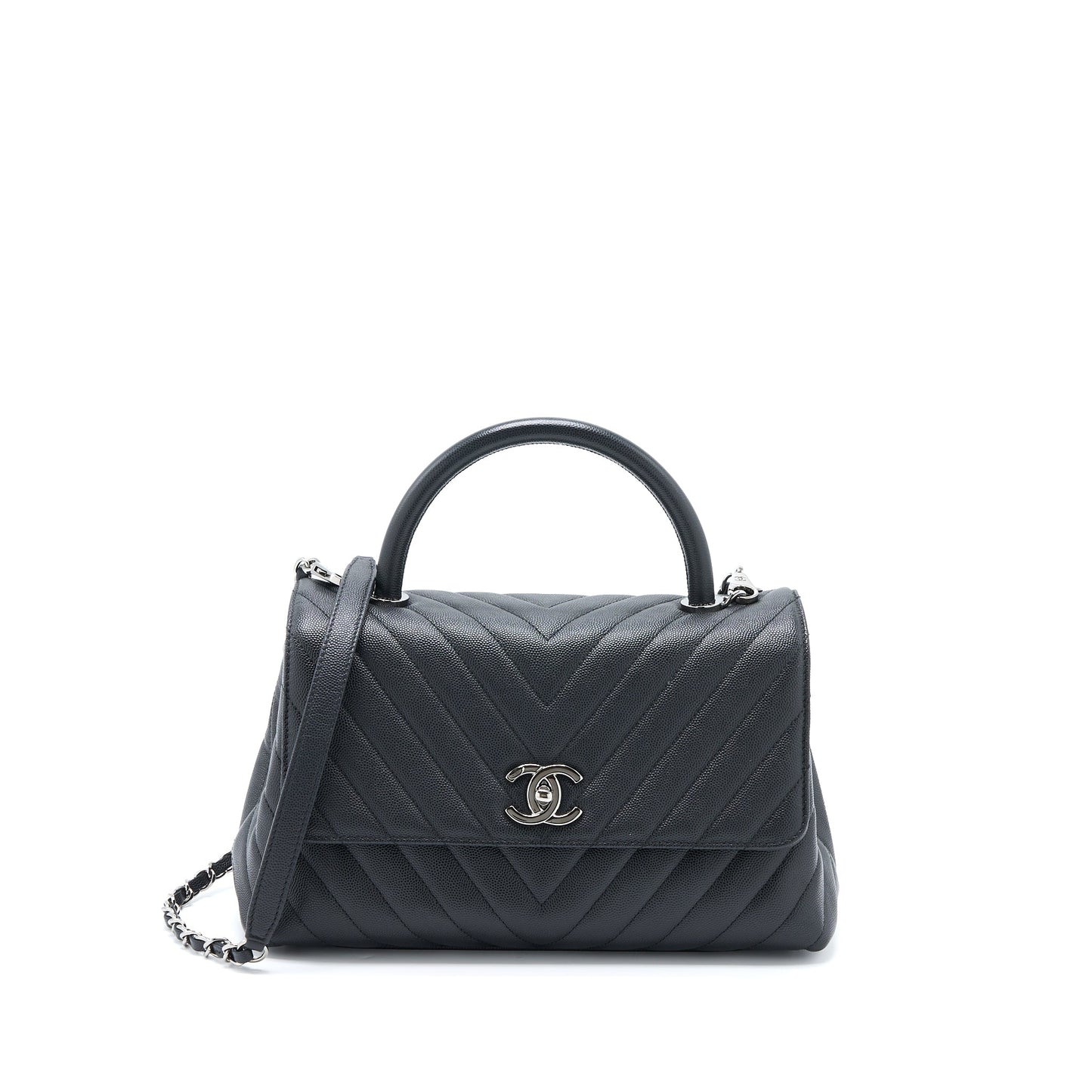 Chanel Medium Coco Handle Chevron Caviar Black SHW