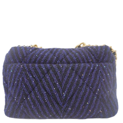 CHANEL 19 Flap Quilted Tweed Sequins Shoulder Bag Navy Blue